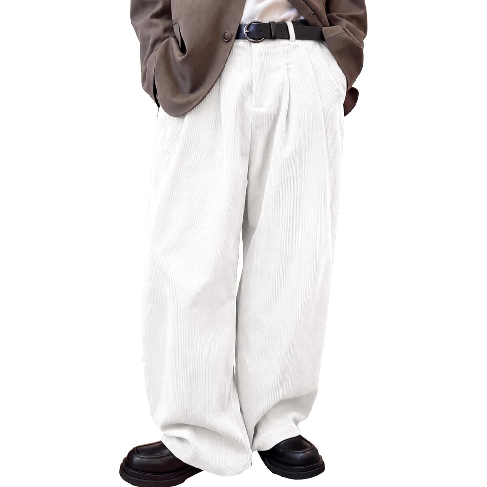 image:imageRuncati Mens Corduroy Baggy Pants Wide Leg Casual Fall Winter SlacksWhite