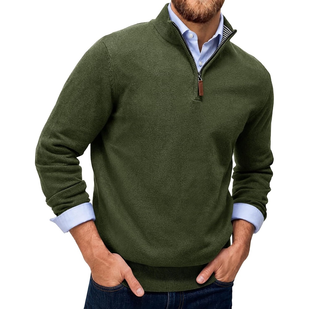 image:imageRuncati Mens Quarter Zip Pullover Sweater Casual Mock Neck Polo SweatersArmy Green