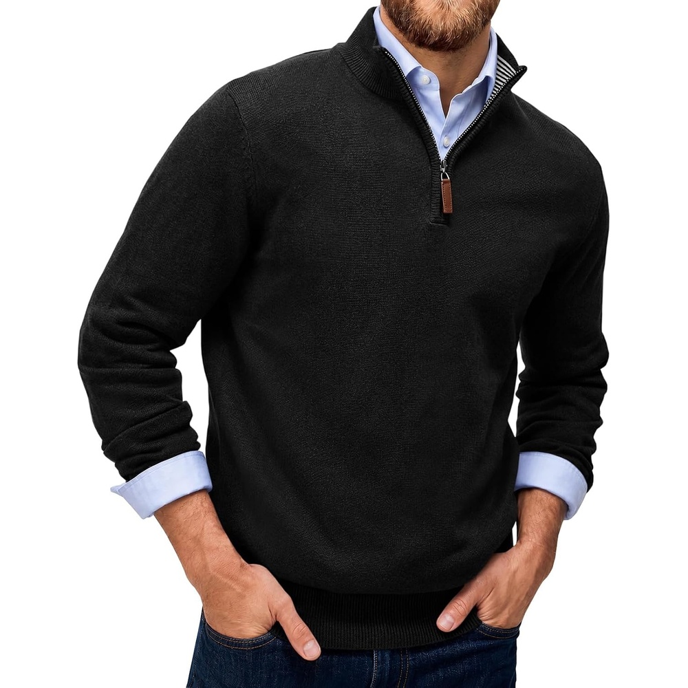 image:imageRuncati Mens Quarter Zip Pullover Sweater Casual Mock Neck Polo SweatersBlack