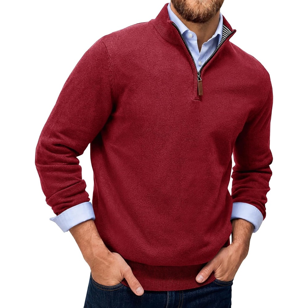 image:imageRuncati Mens Quarter Zip Pullover Sweater Casual Mock Neck Polo SweatersBurgundy