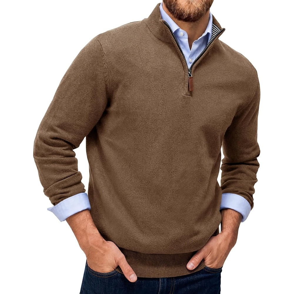 image:imageRuncati Mens Quarter Zip Pullover Sweater Casual Mock Neck Polo SweatersDark Brown