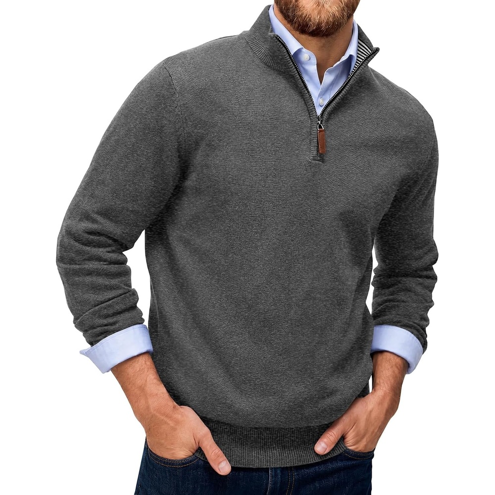 image:imageRuncati Mens Quarter Zip Pullover Sweater Casual Mock Neck Polo SweatersDark Grey