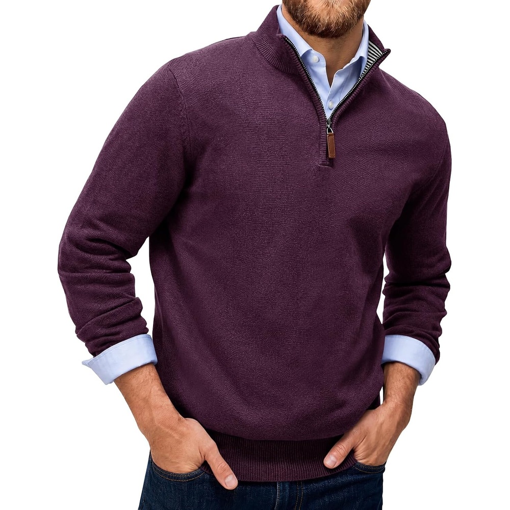 image:imageRuncati Mens Quarter Zip Pullover Sweater Casual Mock Neck Polo SweatersDark Purple