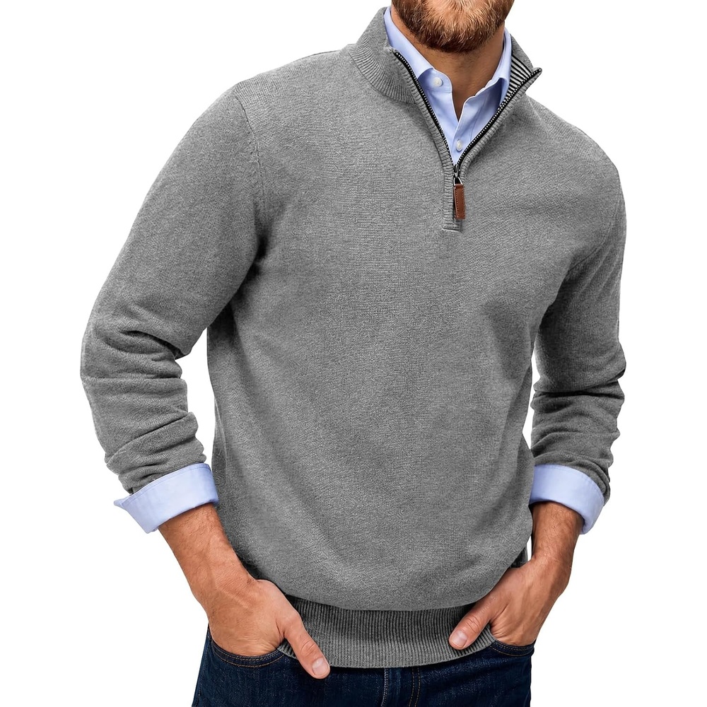 image:imageRuncati Mens Quarter Zip Pullover Sweater Casual Mock Neck Polo SweatersGrey