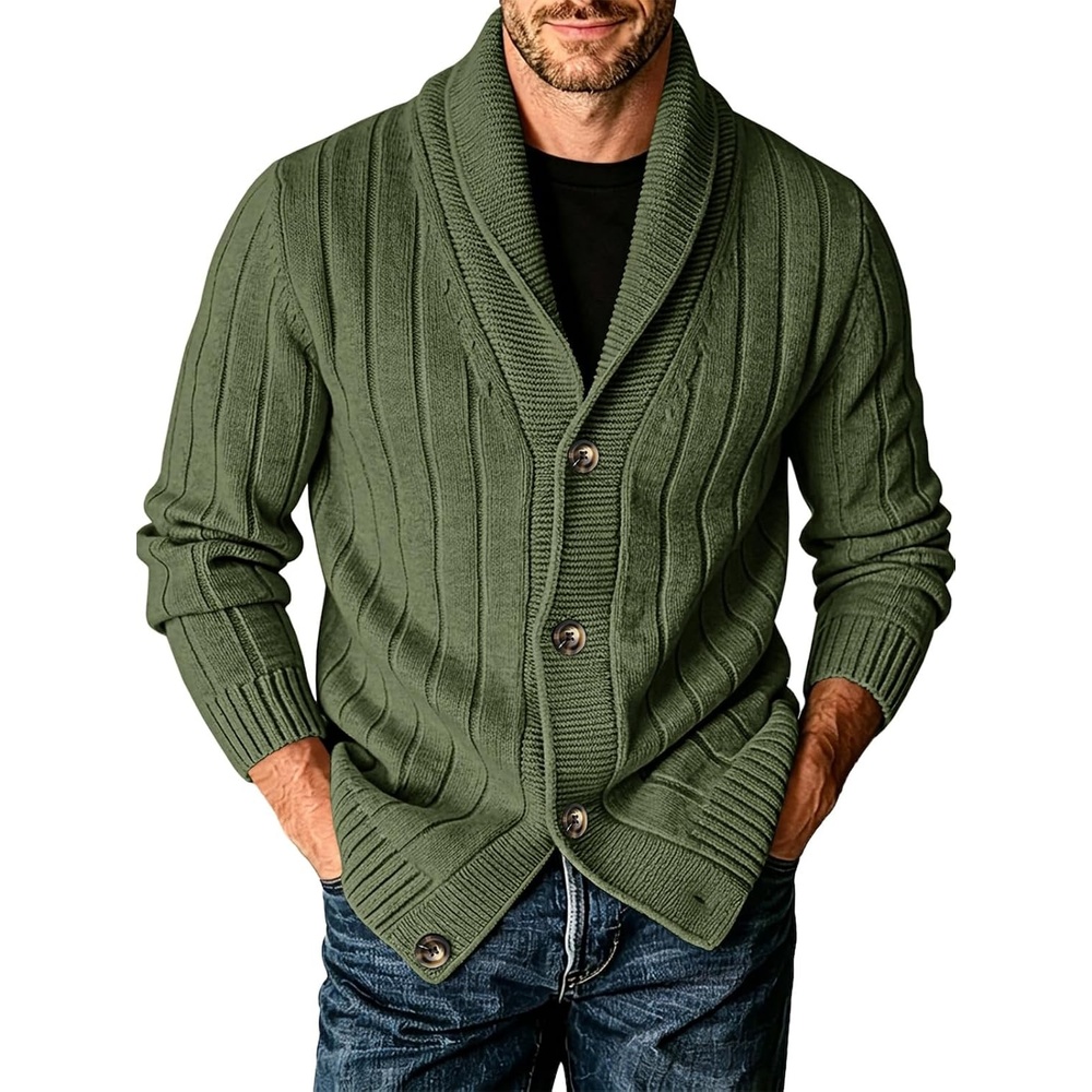 image:imageRuncati Mens Shawl Collar Cardigan Sweater Cable Knit Fall Winter SweatersArmy Green