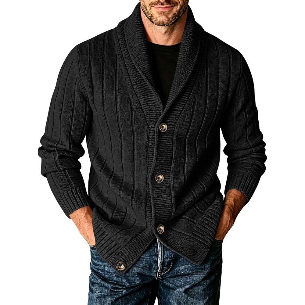 image:imageRuncati Mens Shawl Collar Cardigan Sweater Cable Knit Fall Winter SweatersBlack