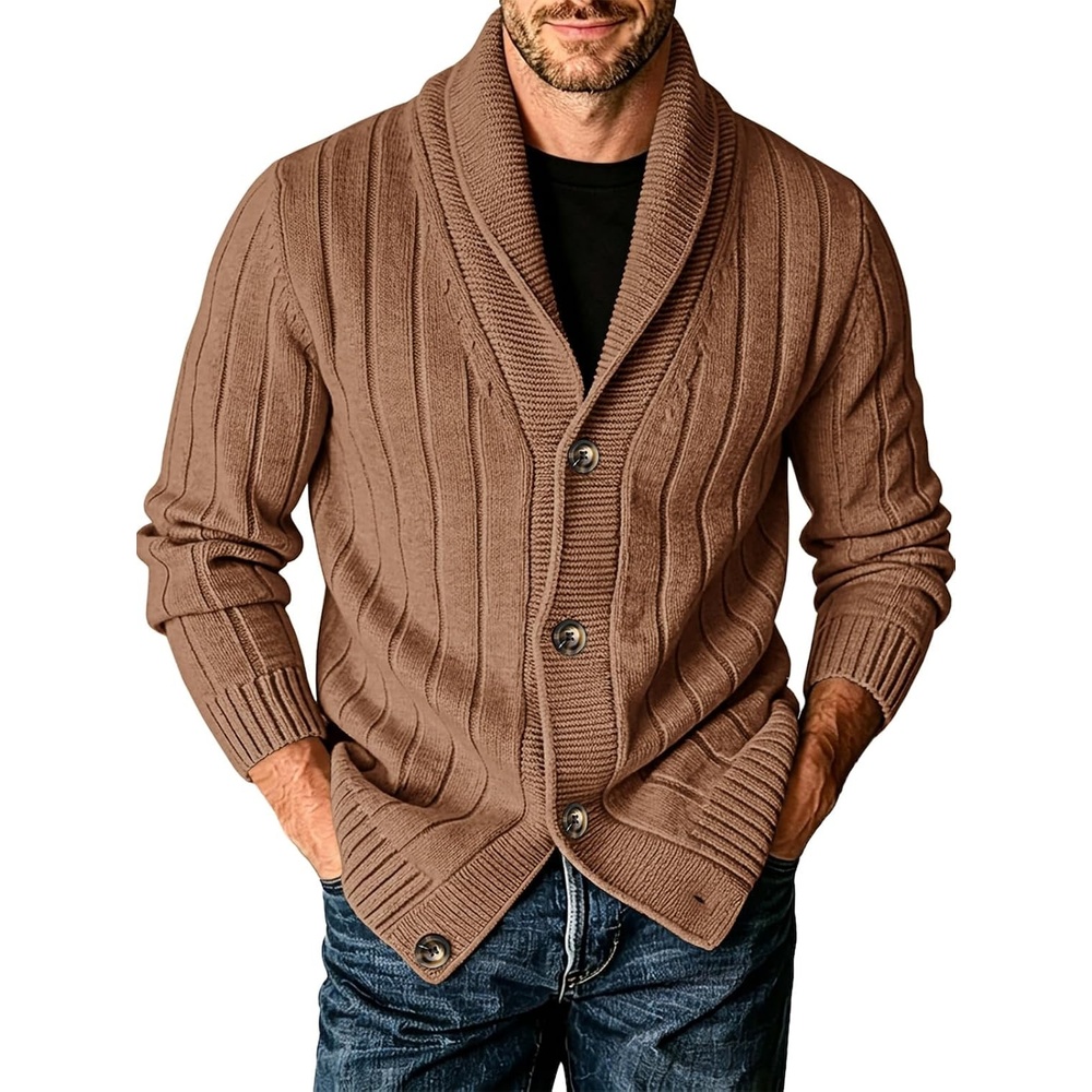 image:imageRuncati Mens Shawl Collar Cardigan Sweater Cable Knit Fall Winter SweatersBrown