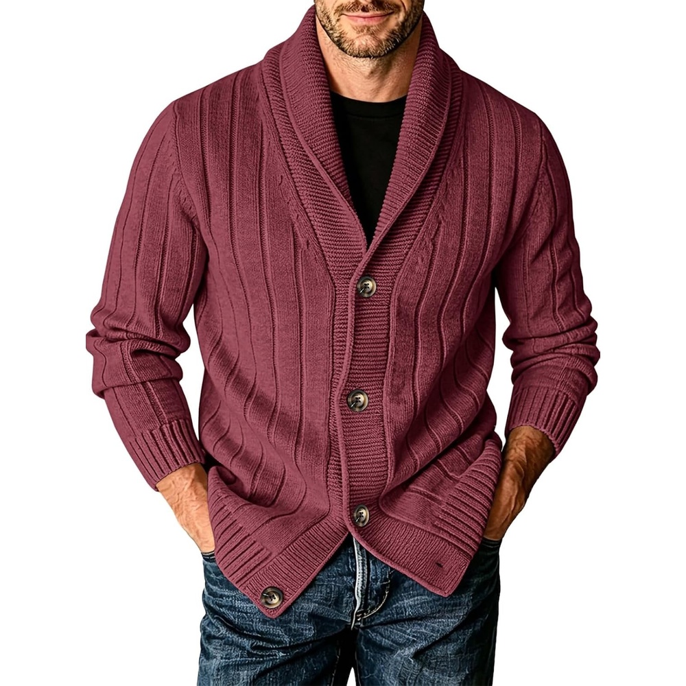 image:imageRuncati Mens Shawl Collar Cardigan Sweater Cable Knit Fall Winter SweatersBurgundy