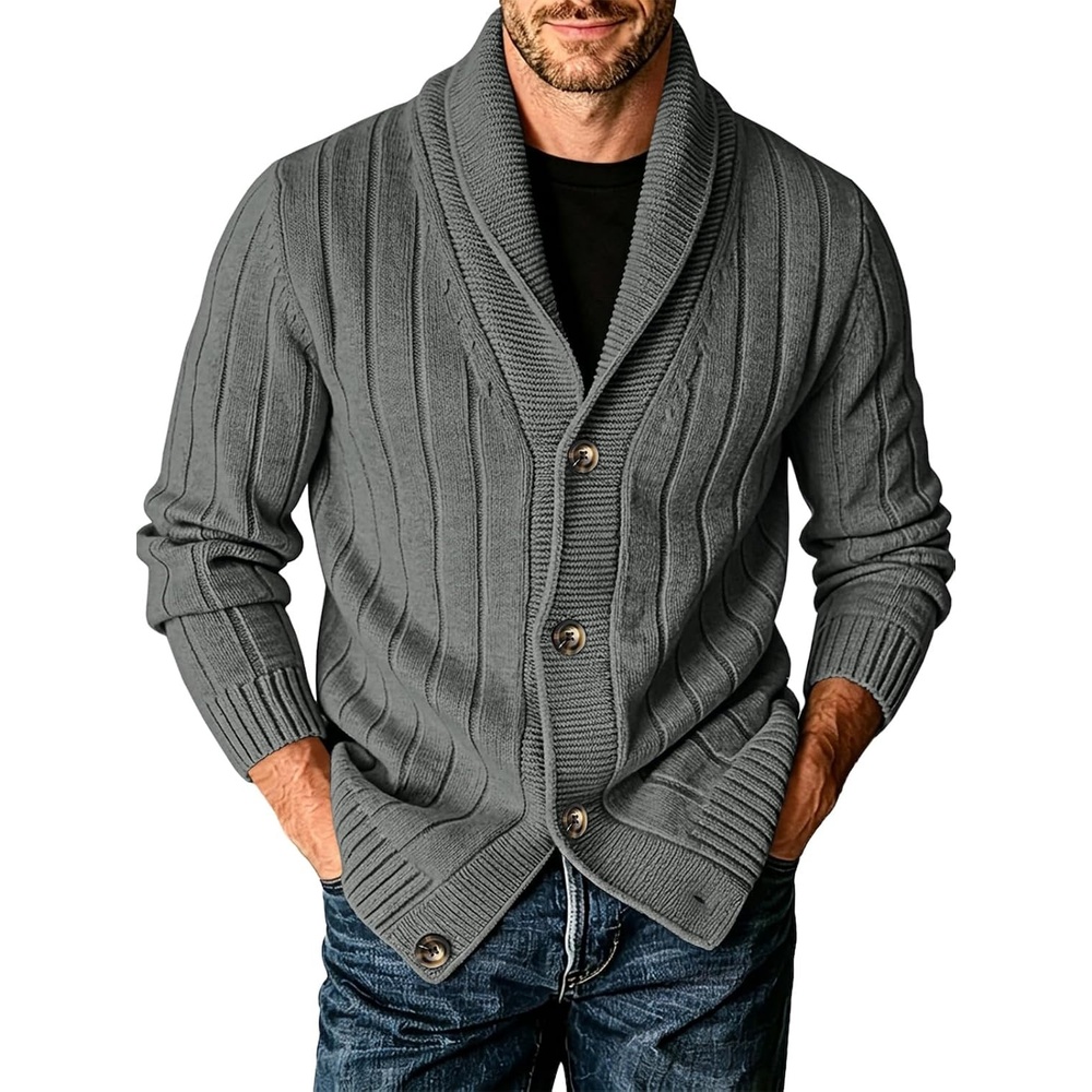 image:imageRuncati Mens Shawl Collar Cardigan Sweater Cable Knit Fall Winter SweatersDark Grey
