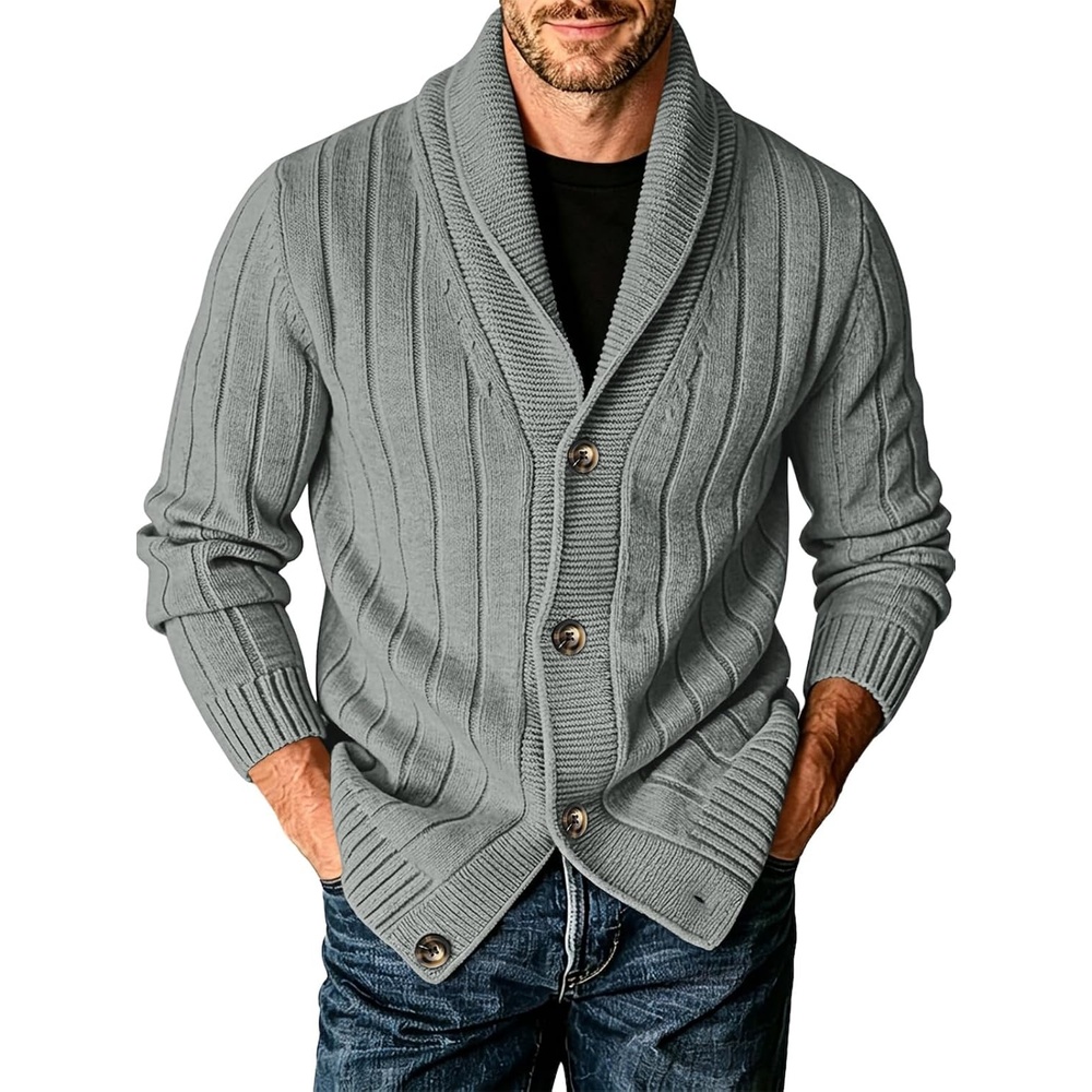 image:imageRuncati Mens Shawl Collar Cardigan Sweater Cable Knit Fall Winter SweatersGrey