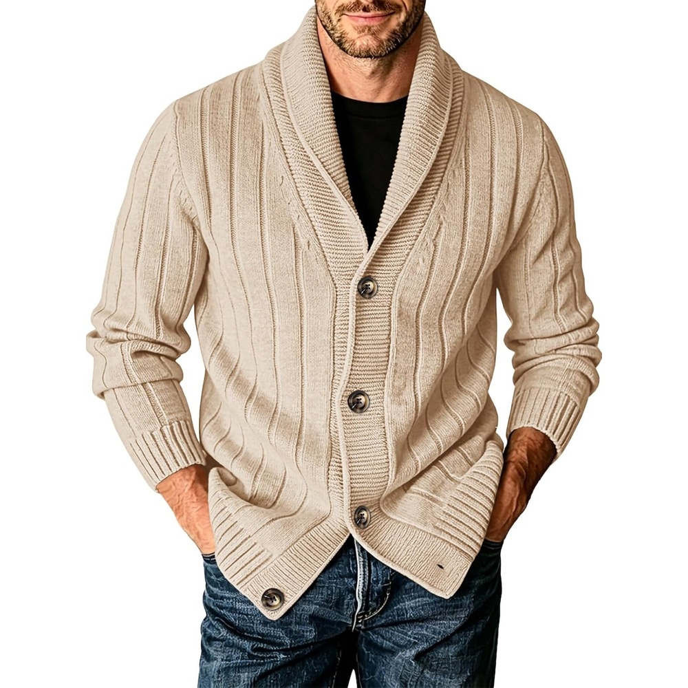 image:imageRuncati Mens Shawl Collar Cardigan Sweater Cable Knit Fall Winter SweatersLight Khaki