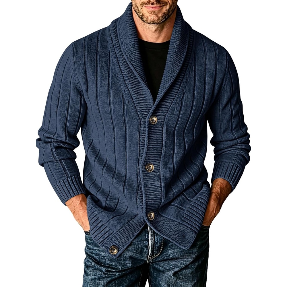 image:imageRuncati Mens Shawl Collar Cardigan Sweater Cable Knit Fall Winter SweatersNavy