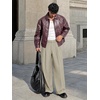 Runcati Mens Casual Dress Pants Elastic Waist Pleated Baggy Wide Leg Slacks(Apricot)