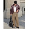 Runcati Mens Casual Dress Pants Elastic Waist Pleated Baggy Wide Leg Slacks(Khaki)
