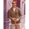 Runcati Mens Casual Waffle Knit Cardigan Sweater Stand Collar with Pockets(Brown)