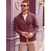 Runcati Mens Casual Waffle Knit Cardigan Sweater Stand Collar with Pockets(Burgundy)
