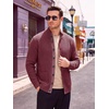 Runcati Mens Casual Waffle Knit Cardigan Sweater Stand Collar with Pockets(Burgundy)