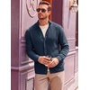 Runcati Mens Casual Waffle Knit Cardigan Sweater Stand Collar with Pockets(Dark Blue)
