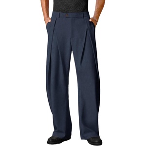 Runcati Mens Baggy Wide Leg Dress Pants Pleated Casual Work Slacks Trousers(Navy)