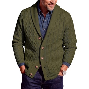 Runcati Mens Cardigan Sweater Cable Knit Shawl Collar Casual Sweaters(Army Green)