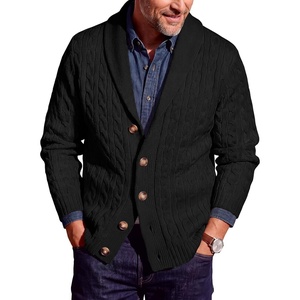 Runcati Mens Cardigan Sweater Cable Knit Shawl Collar Casual Sweaters(Black)