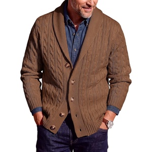 Runcati Mens Cardigan Sweater Cable Knit Shawl Collar Casual Sweaters(Brown)