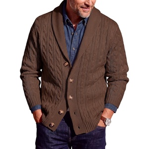 Runcati Mens Cardigan Sweater Cable Knit Shawl Collar Casual Sweaters(Coffee)