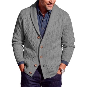 Runcati Mens Cardigan Sweater Cable Knit Shawl Collar Casual Sweaters(Grey)
