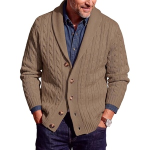 Runcati Mens Cardigan Sweater Cable Knit Shawl Collar Casual Sweaters(Khaki)