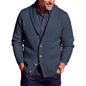 Runcati Mens Cardigan Sweater Cable Knit Shawl Collar Casual Sweaters(Navy)