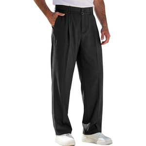Runcati Mens Casual Dress Pants Elastic Waist Pleated Baggy Wide Leg Slacks(Black)