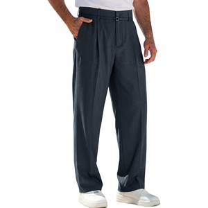 Runcati Mens Casual Dress Pants Elastic Waist Pleated Baggy Wide Leg Slacks(Navy)