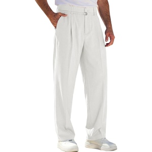 Runcati Mens Casual Dress Pants Elastic Waist Pleated Baggy Wide Leg Slacks(White)