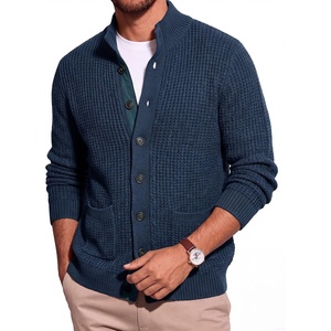 Runcati Mens Casual Waffle Knit Cardigan Sweater Stand Collar with Pockets(Dark Blue)