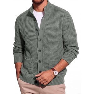 Runcati Mens Casual Waffle Knit Cardigan Sweater Stand Collar with Pockets(Grey)