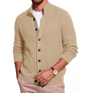 Runcati Mens Casual Waffle Knit Cardigan Sweater Stand Collar with Pockets(Light Khaki)