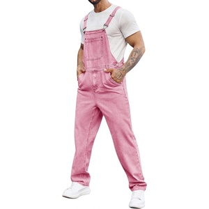 Runcati Men’s Denim Bib Overall Jean Romper(Pink)