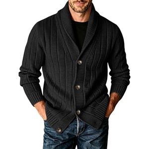 Runcati Mens Shawl Collar Cardigan Sweater Cable Knit Fall Winter Sweaters(Black)