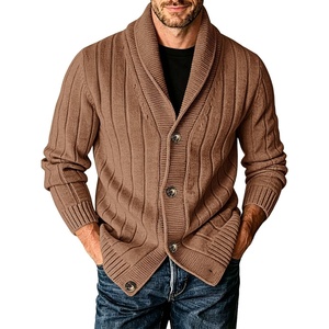 Runcati Mens Shawl Collar Cardigan Sweater Cable Knit Fall Winter Sweaters(Brown)