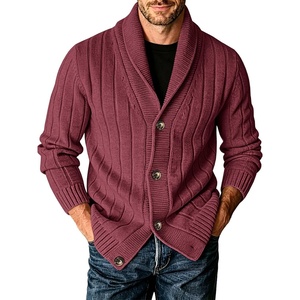 Runcati Mens Shawl Collar Cardigan Sweater Cable Knit Fall Winter Sweaters(Burgundy)